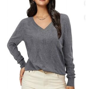 SOMER Women's V-Neck Pullover Sweater, Long Sleeve, Cozy Lightweight Gray, Large